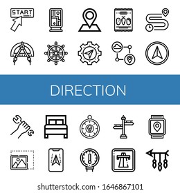 dirección de los iconos simples conjunto. Contiene iconos como Click, Compass, Guide post, Helm, Pin, Navigator, Mix, Gps, Distance, Wrench, Resize, Bed, se pueden utilizar para web, móvil y logotipo