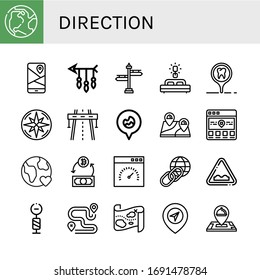 direction simple icons set. Contains such icons as Earth, Gps, Arrow, Signpost, Bed, Placeholder, Compass, Highway, Fire location, Location, can be used for web, mobile and logo