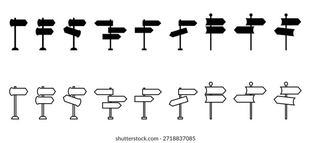 Conjunto de iconos de poste de dirección, Conjunto de iconos de pilar de dirección, Conjunto de iconos de poste de dirección correcta.