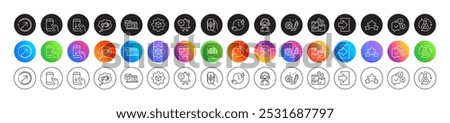 Direction, Stars and Support line icons. Round icon gradient buttons. Pack of Charging time, Time management, Online voting icon. Login, Scroll down, Product development pictogram. Vector