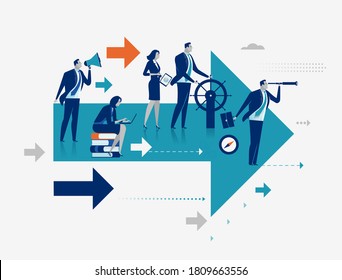 Direction. The Successful Team. Business team fly on arrow. Concept business vector illustration