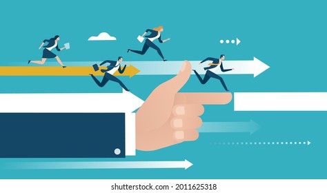 Direction - Support. The manager‘s hand fills the gap between arrows to help to reach the goal. Business vector illustration