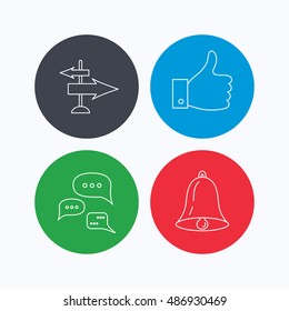 Direction, thumb up and conversation icons.