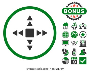 Direction Triangles icon with bonus pictogram. Vector illustration style is flat iconic bicolor symbols, green and gray colors, white background.