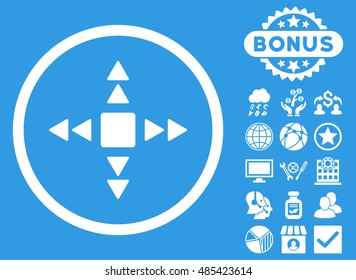 Direction Triangles icon with bonus pictures. Vector illustration style is flat iconic symbols, white color, blue background.