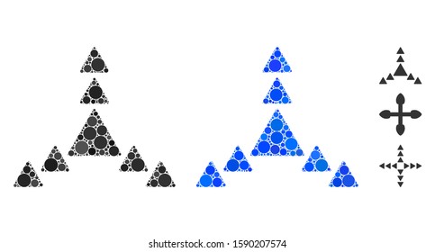 Direction triangles mosaic of small circles in various sizes and color tinges, based on direction triangles icon. Vector small circles are composed into blue composition.
