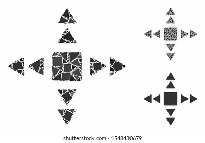 Direction triangles mosaic of unequal items in different sizes and color hues, based on direction triangles icon. Vector joggly items are grouped into mosaic.