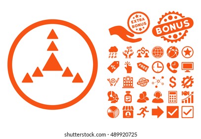 Direction Triangles pictograph with bonus clip art. Vector illustration style is flat iconic symbols, orange color, white background.