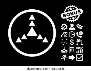 Direction Triangles pictograph with bonus pictogram. Vector illustration style is flat iconic symbols, white color, black background.