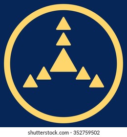 Direction Triangles vector icon. Style is flat circled symbol, yellow color, rounded angles, blue background.