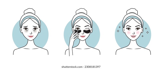 Direction for use eye mask treatment vector illustration isolated on white background. Cute woman apply eye patches to treat under eye bags, reduce dark circles, puffiness, dryness, crow feet lines.