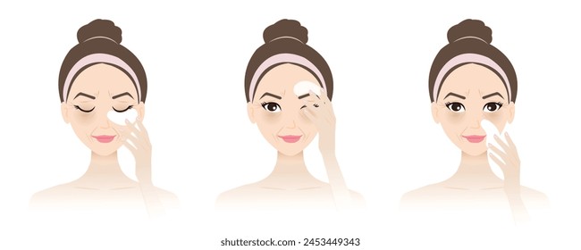 Direction for use eye treatment mask vector isolated on white background. Woman apply eye mask patches on tired face skin to recover forehead creases, crows feet, dark circle and smile lines.