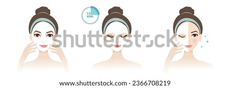 Direction for use facial sheet mask on face vector illustration isolated on white background. Cute woman apply sheet mask on skin, leave it for 15 minutes, remove it and reveal beauty skin.