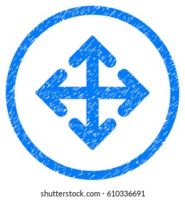 Direction Variants grainy textured icon inside circle for overlay watermark stamps. Flat symbol with dirty texture. Circled vector blue rubber seal stamp with grunge design.