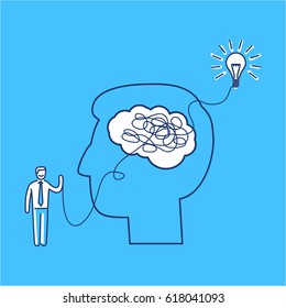 Direction. Vector illustration of creative businessman finding the right way forward to idea in brain labyrinth | modern flat design linear concept icon and infographic on blue background