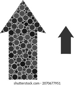 Up direction vector mosaic of circle dots in different sizes and color hues. Circle dots are united into up direction vector mosaic. Abstract vector design concept.