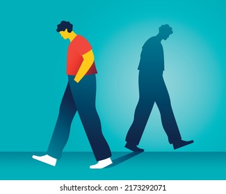 The Direction Of The Walking Man's Shadow Is In Reverse. Metaphor Bipolar Disorder Mind Mental. Split Personality. Concept Mood Disorder. Mental Health. Dual Personality Concept. Vector Illustration