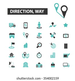 direction, way, map, location, route  icons, signs vector concept set for infographics, mobile, website, application
