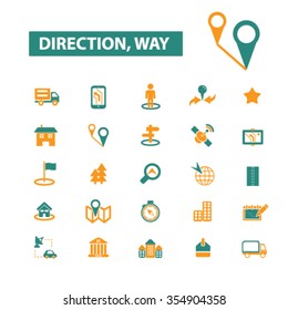 direction, way, map, location, route  icons, signs vector concept set for infographics, mobile, website, application
