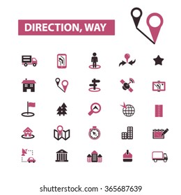 direction, way, map, location, route  icons, signs vector concept set for infographics, mobile, website, application
