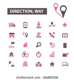 dirección, camino, mapa, ubicación, iconos de ruta, símbolos de concepto vectorial establecido para infografías, móviles, sitio web, aplicación
