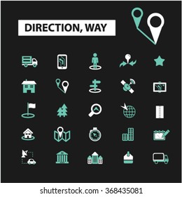 direction, way, map, location, route  icons, signs vector concept set for infographics, mobile, website, application
