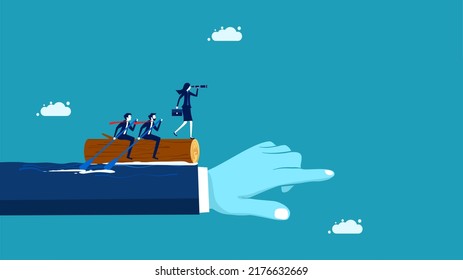 Direction of working as a team. A team of businessmen sailing in the direction of the leader