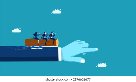 Direction of working as a team. A team of businessmen sailing in the direction of the leader
