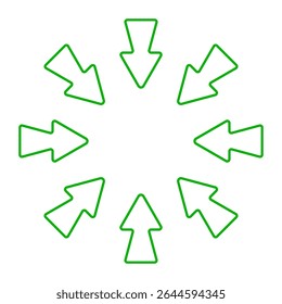 Directional arrow icon. Eight bold green arrows pointing inward from all sides. Represents focus, convergence, navigation, or centralization concept.