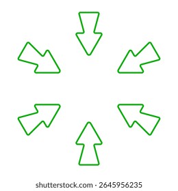 Richtungspfeil-Symbol. Sechs kräftige grüne Pfeile, die von allen Seiten nach innen zeigen. Stellt das Konzept der Fokussierung, Konvergenz, Navigation oder Zentralisierung dar.