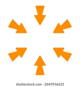 Directional arrow icon. Six bold yellow arrows pointing inward from all sides. Represents focus, convergence, navigation, or centralization concept.