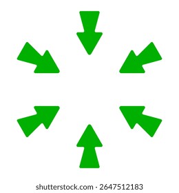 Ícone de seta direcional. Seis setas verdes em negrito apontando para dentro de todos os lados. Representa o conceito de foco, convergência, navegação ou centralização.