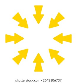 Directional arrow icon. Yellow bold black arrows pointing inward from all sides. Represents focus, convergence, navigation, or centralization concept.