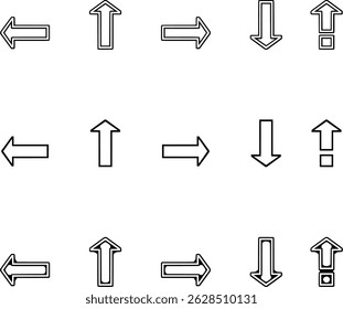 Directional arrow icons in outline, bold, and shadow styles, pointing up, down, left, and right in three rows.
