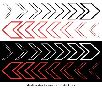 Directional Arrow Line Art Set. Bold Chevron Symbols. Vector illustration isolated on black and white background.