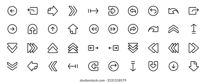 Seta Direcional e Conjunto de Ícones de Navegação. Um conjunto versátil de ícones com setas direcionais para navegação, incluindo para cima, para baixo, para a esquerda, para a direita, circulares e setas duplas em um contorno minimalista