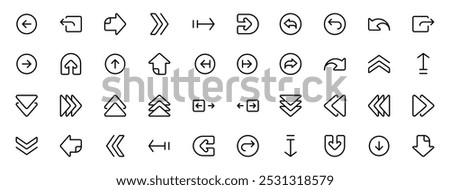 Directional Arrow and Navigation Icon Set. A versatile set of icons featuring directional arrows for navigation, including up, down, left, right, circular, and double arrows in a minimalist outline