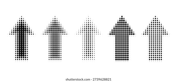 Directional arrow set with halftone patterns and gradient dots. Vector icons for navigation, featuring circular gradation effects and dynamic graphic elements.