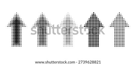 Directional arrow set with halftone patterns and gradient dots. Vector icons for navigation, featuring circular gradation effects and dynamic graphic elements.