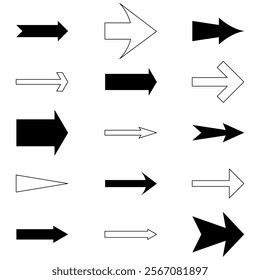 Directional arrow shapes. Graphic navigation symbols. Bold vector arrows. Modern pointer designs.