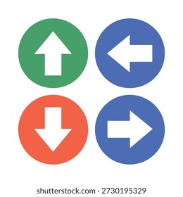 Setas direcionais em círculos verdes, azuis, vermelhos e laranjas ilustrando conceitos de navegação e orientação com cores vibrantes e design minimalista para apresentações modernas