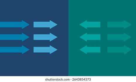 Directional arrows indicate movement across blue green background opposite concepts