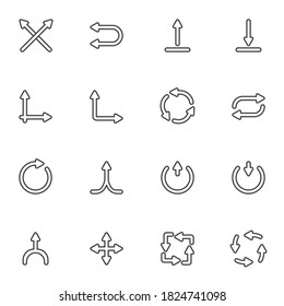 Juego de iconos de línea de flechas direccionales, colección de símbolos de vector de contorno, paquete de pictogramas de estilo lineal. Señales, ilustración del logotipo. Establecer incluye iconos como flecha de descarga, girar a la izquierda y a la derecha, transferir, cruzar