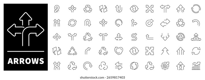 Flechas direccionales, bucles, curvas y líneas elaboradas en estilo de línea mínima y geométrica. Conjunto nítido y versátil de 50 iconos de contorno para movimiento y flujo