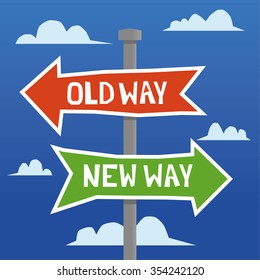 Directional arrows on a signpost in a hand drawn style with the words Old Way and New Way added in white text and a sky with clouds in the background