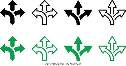 Directional arrows set black and green icons illustrating multiple choices and pathways
