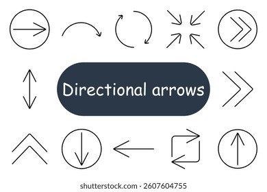 Directional arrows set icon. Clean outlined symbols showing various curved, straight, circular, diagonal, inward and outward pointing arrow types in single or dual directions