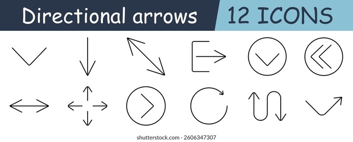 Directional arrows set icon. Downward, upward, curved, circular, left, right, u-turn, minimal interface, shift, rotate, move, navigation, flow, guide