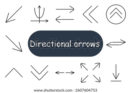 Directional arrows set icon. Minimal line icons showing angular, straight, diagonal, U-turn, double, circular, intersecting and four-way direction arrows