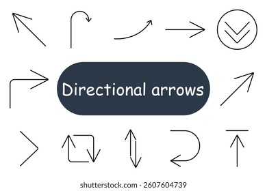 Directional arrows set icon. Outlined vector-style arrows forming various paths including bends, hooks, spirals, upward and downward flows, loops, and UI-based navigation